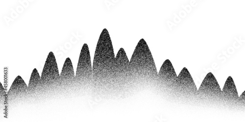 Dotwork mountain trees vector background. Black noise stipple dots hills. Sand grain effect trees. Dots grunge banner. Abstract noise dotwork pattern. Stipple circles hills. Dotted mountain vector.
