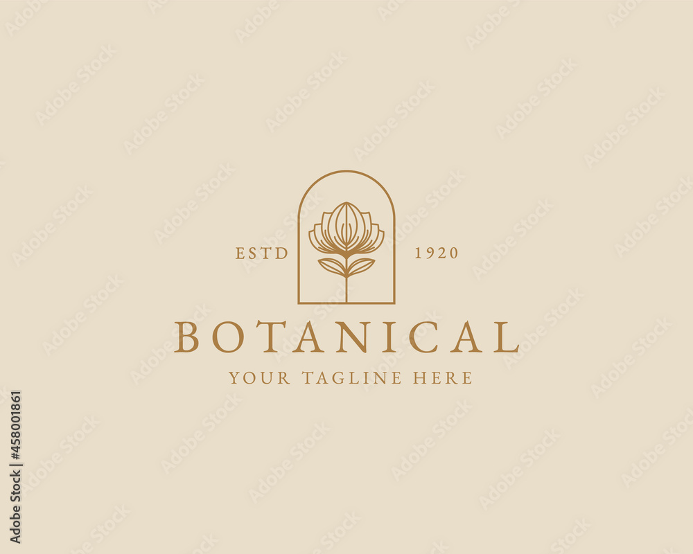 Botanical Hand Drawn Logo with Wild Flower and Leaves. Logo for spa and beauty salon, boutique, organic shop, wedding, floral designer, interior, photography, cosmetic. Floral element