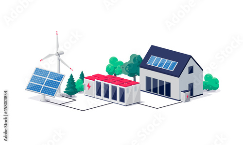 Smart grid virtual battery energy storage network with urban residence house building, solar panel plant, wind and li-ion electricity backup. Renewable sustainable power supply off-grid system.