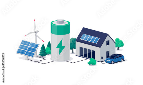 Home virtual battery energy storage with house photovoltaic solar panels plant, wind and rechargeable li-ion electricity backup. Electric car charging on renewable smart power island off-grid system.