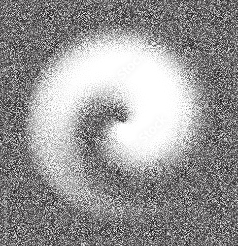 Dotwork swirl abstract background. Black noise dots spin circle. Sand grain vortex twirl effect. Abstract noise swirl pattern. Black grain dots twirl element. Dotted vortex vector background