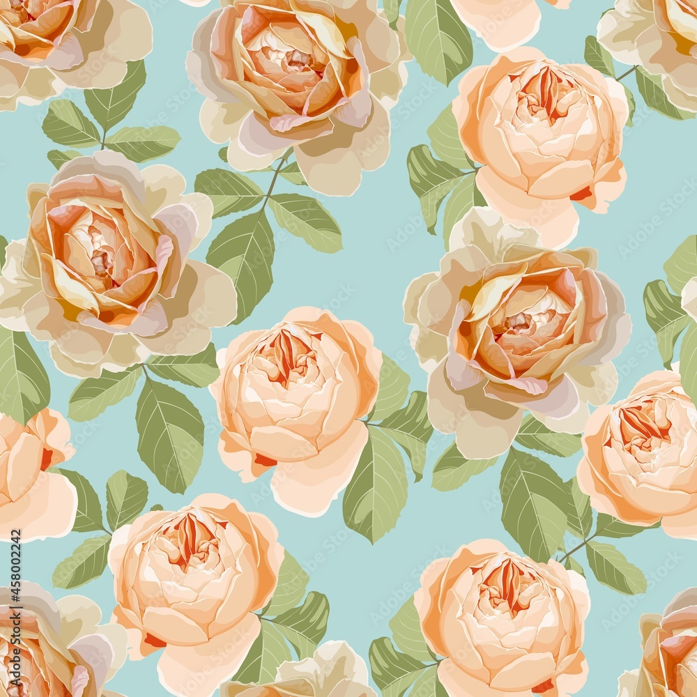 Foto auf Acrylglas mit Nahtloses Muster der Rosen. Große orange Blumen und grüne Blätter auf blauem Hintergrund. Quadratisches Design für Stoff, Tapete, Packpapier, Einladungskarte. #458002242