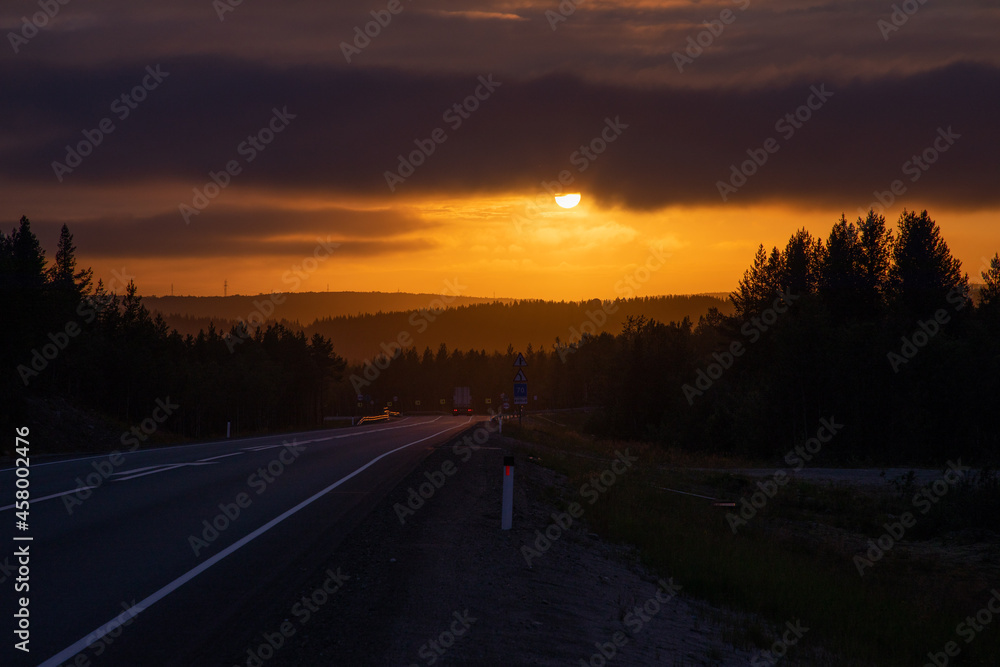 Sunset in the Murmansk region. Between the hills.