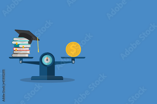 Books, graduation hat and dollar on scales. Investment in education concept. Vector illustration
