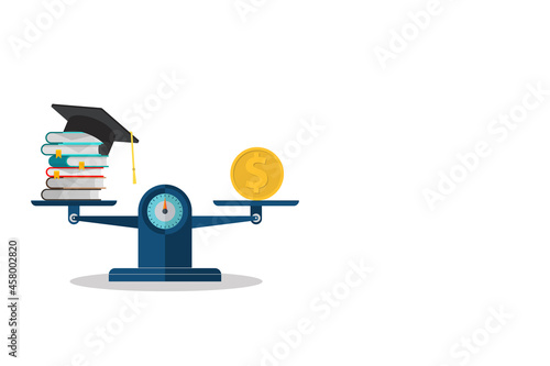 Books, graduation hat and dollar on scales. Investment in education concept. Vector illustration