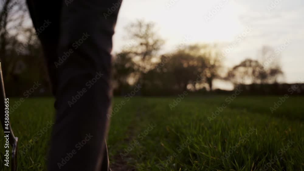 Mixed race male farmer walking through wheat fields with pitch fork Mixed race male farmer walking through wheat fields with pitch fork