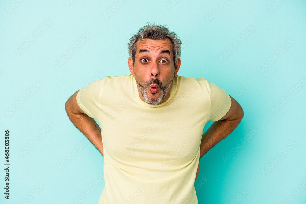 Middle age caucasian man isolated on blue background being shocked because of something she has seen. Middle age caucasian man isolated on blue background being shocked because of something she has seen.