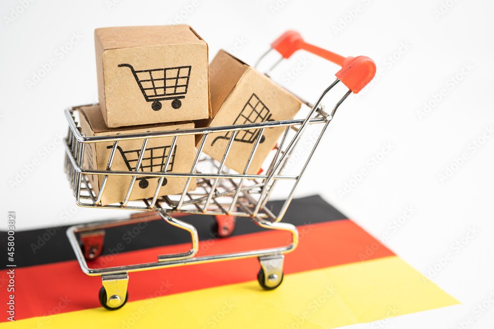 Box with shopping cart logo and Germany flag, Import Export Shopping online or eCommerce finance delivery service store product shipping, trade, supplier concept.