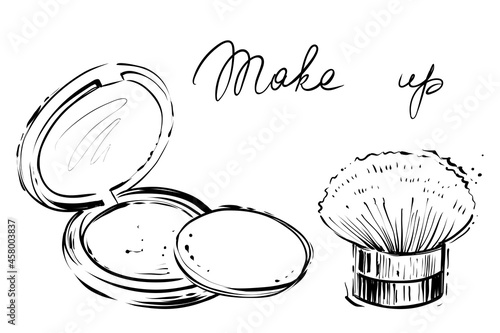 Makeup powder and brush, hand drawn vector illustration, monochrome