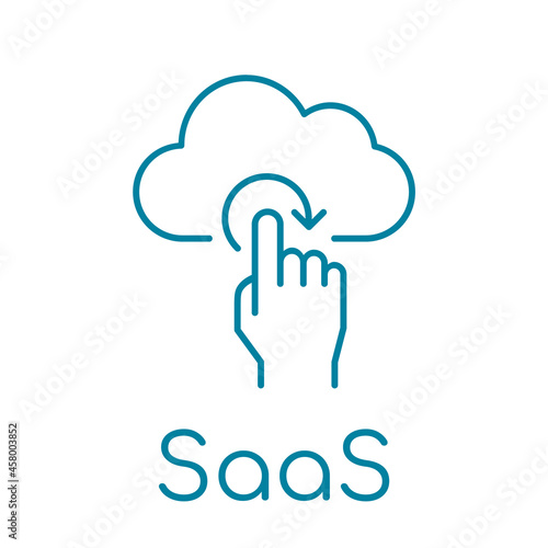 SaaS line icon. Software as a Service symbol. Cloud with index finger sign. On demand software licensing. Cloud computing platform. Hand activates web application. Vector illustration, flat, clip art.