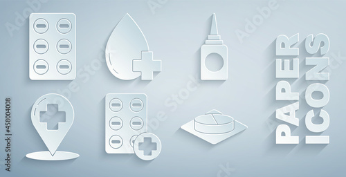 Set Pills in blister pack, Bottle nasal spray, Map pointer with cross hospital, Medicine pill or tablet, Donate drop blood and icon. Vector