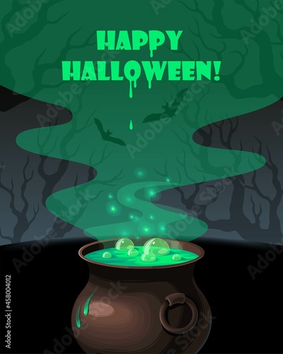 Vector card with witch cauldron full of potion