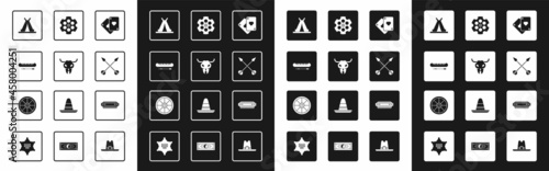 Set Playing cards, Buffalo skull, Kayak or canoe and paddle, Indian teepee wigwam, Crossed arrows, Revolver cylinder, Harmonica and Old wooden wheel icon. Vector