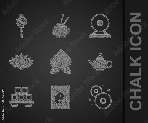 Set Peach fruit, Yin Yang and envelope, Chinese Yuan currency, tea ceremony, Sushi cutting board, Lotus flower, Gong and icon. Vector