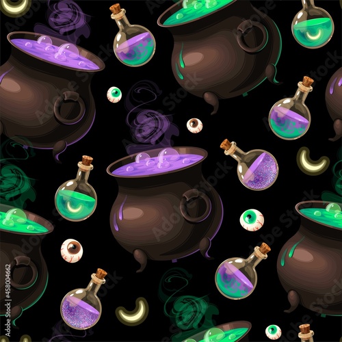 Vector seamless pattern with cauldrons and eyes