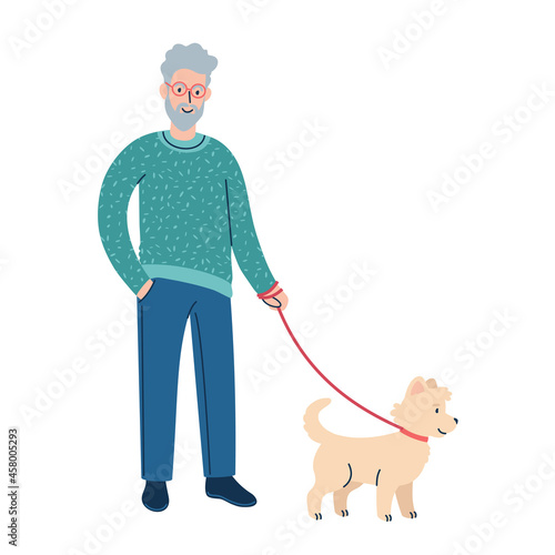 walking a dog on a leash. flat style illustration.