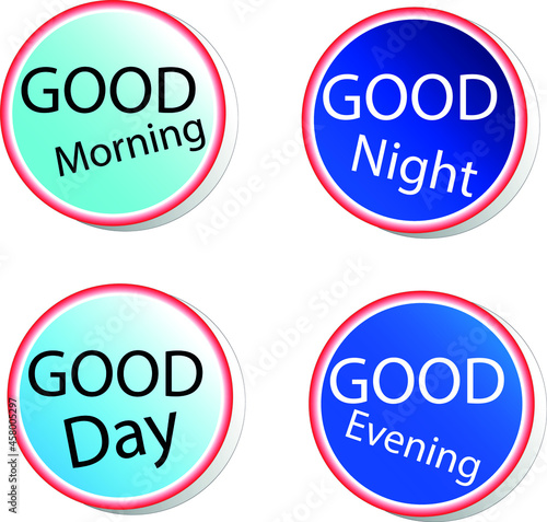 a set of gradient round shape stickers with the words "good morning", "good afternoon", "good evening", "good night"
