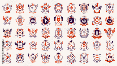 Heraldic Coat of Arms vector big set, vintage antique heraldic badges and awards collection, symbols in classic style design elements, family or business logos.