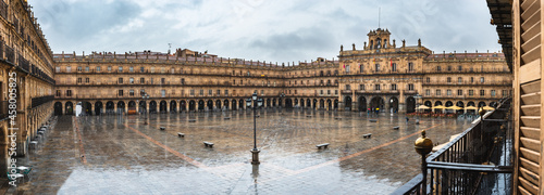 Panoramic view Main Square in raining day, Salamanca, Castile and Lion.