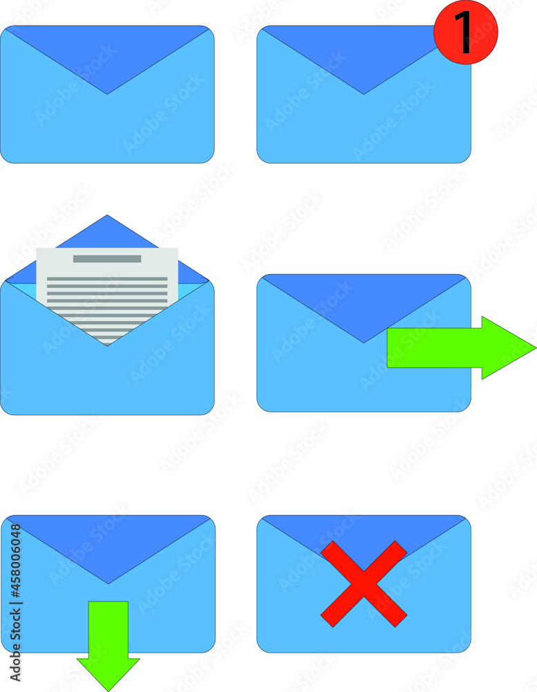 set of buttons for internet mail. new, incoming, open, send, upload a letter set of buttons for internet mail. new, incoming, open, send, upload a letter