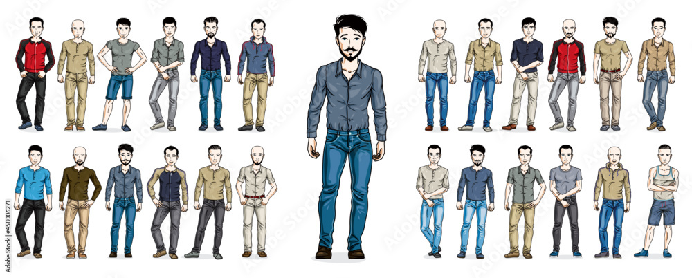 Men in casual wear vector illustrations big set isolated on white background, attractive and handsome males in full body length standing and posing, gorgeous people drawings collection.