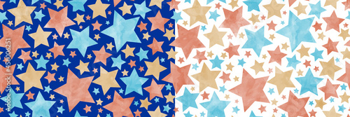 Christmas seamless watercolor vector pattern texture with multicolor stars. Wrapping paper. Pastel color stars on the blue and white background. Painted illustration. Hand drawn template. Vintage.