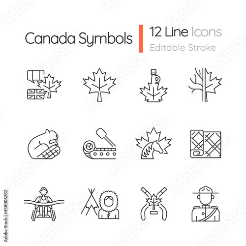 Canadian symbols linear icons set. Official canadian emblem. North american beaver. Ice hockey. Customizable thin line contour symbols. Isolated vector outline illustrations. Editable stroke
