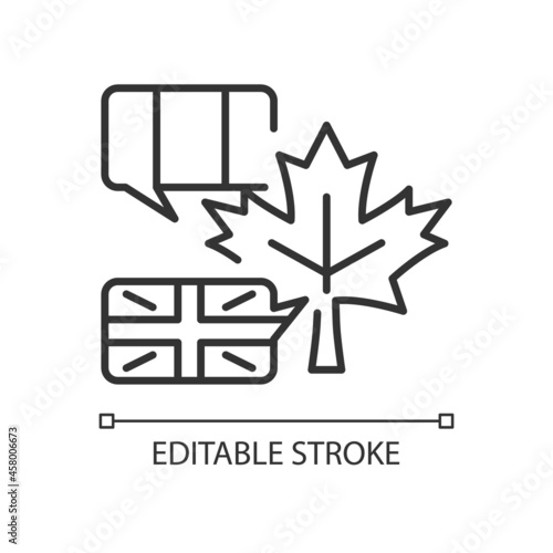 Bilingual country linear icon. French and english speaking population. Two official languages. Thin line customizable illustration. Contour symbol. Vector isolated outline drawing. Editable stroke