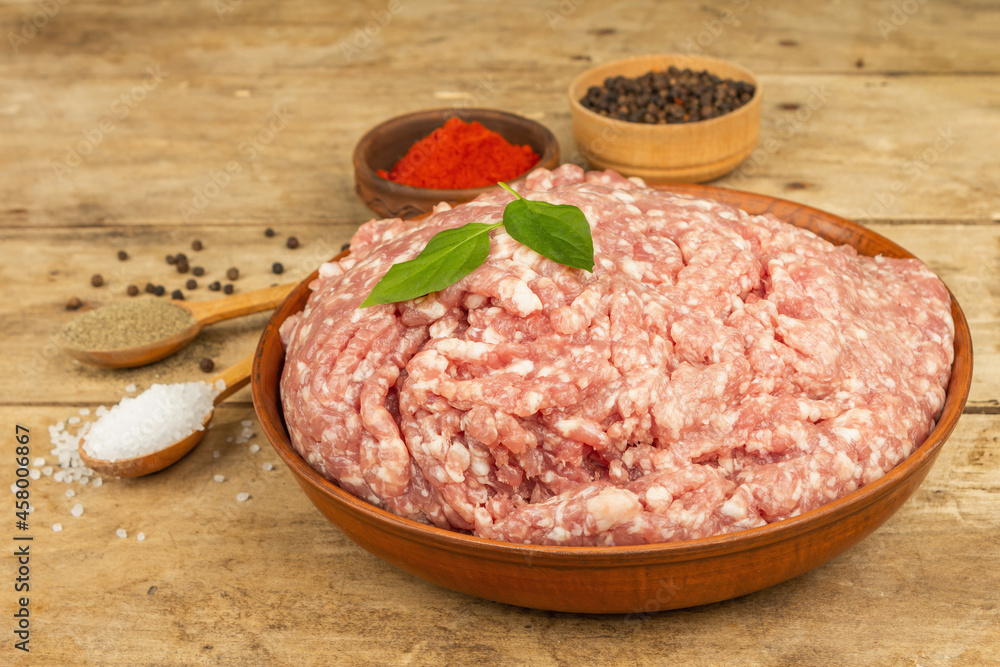 Raw minced meat. Ground pork with spices