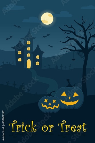 Happy Halloween background with carved face pumpkins, bats, spider, graves, and spooky old house. Copy space banner.