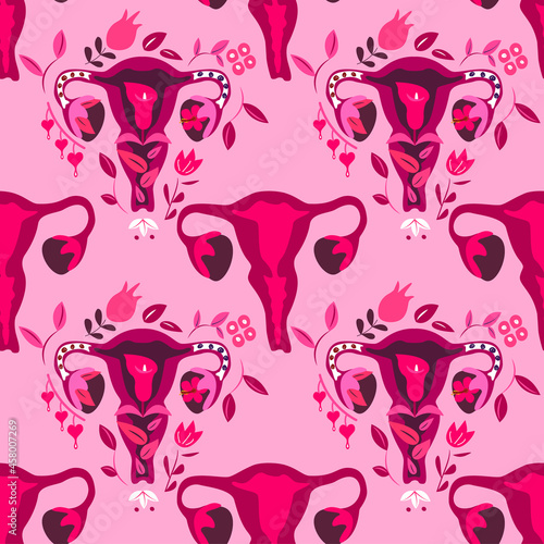 Beautiful Female Reproductive System Seamless edndless.Pattern Flowers Template.Feminine Gynecology.Anatomical Uterus,Ovaries.Vagina Symbol Menstruation.Hand Drawn Womb Female Flat Vector Illustration