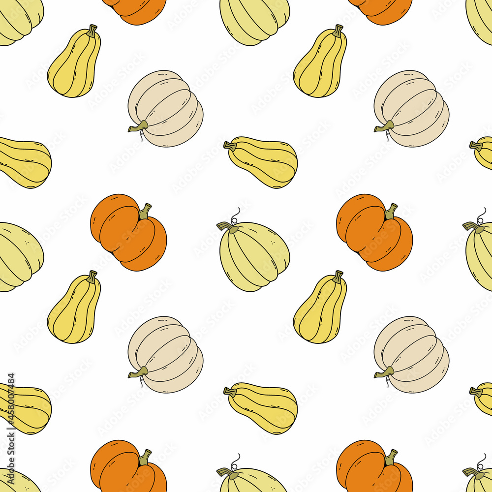 Seamless pattern with cute pumpkin doodle style. Autumn harvest. Background for sewing children clothing and printing fabric. Wrapping paper Halloween holiday.