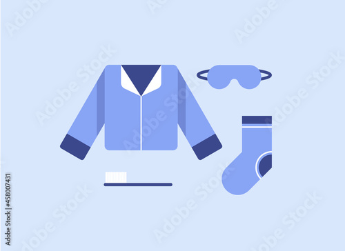 Set icon or sticker with sleep kit. Nightgown, socks, sleep mask and toothbrush. Cute illustration in flat design. Blue color
