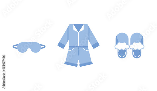Sleepwear set icons in flat design. Pajamas with sleep mask and home slippers vector illustration. Clothes collection. Isolated on white background. Blue color
