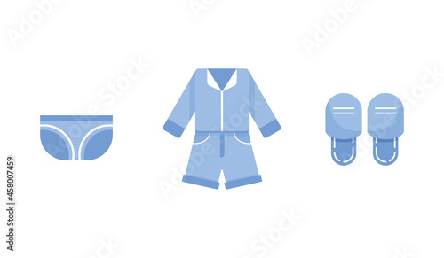 Set of icons with clothes for home, sleep and bedroom. Pajamas, underwear and slippers. Vector in flat design. Blue color