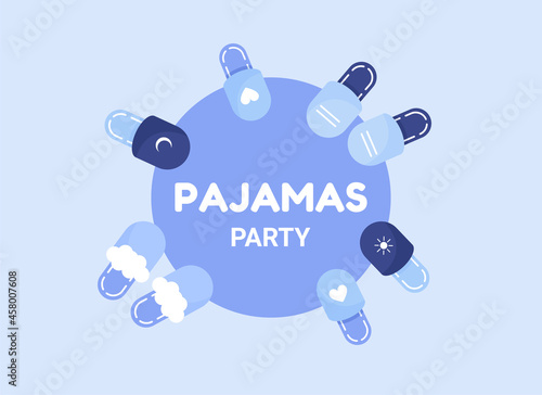 Pajamas party poster or banner with cute home slippers. Invitation for slumber party. Editable vector illustration. Flat design. Blue