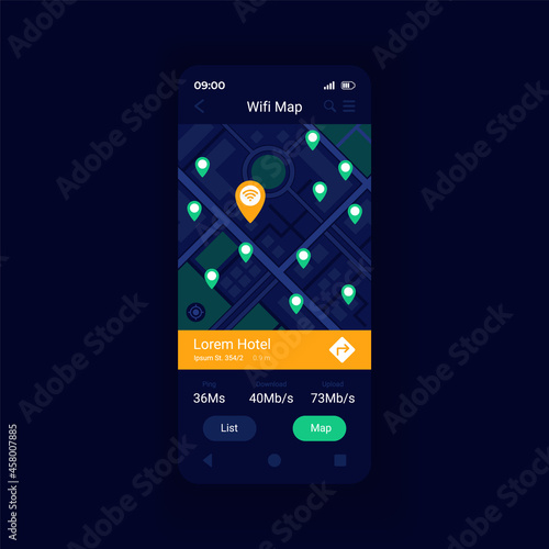 WiFi hotspot location map app smartphone interface vector template. Mobile app page design layout. Wi Fi acess points arouns world map screen. Flat UI for application. Phone display photo