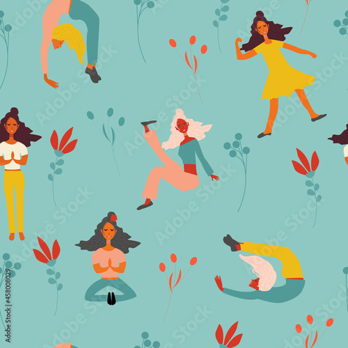 Cute decorative background with active women. Vector seamless pattern. Active women workout design. Seamless pattern 