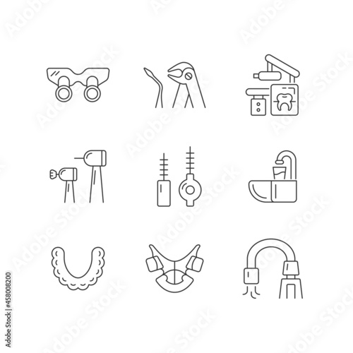 Dental visit linear icons set. Orthodontic appliances. Tooth extraction. Cosmetic dentistry. Customizable thin line contour symbols. Isolated vector outline illustrations. Editable stroke