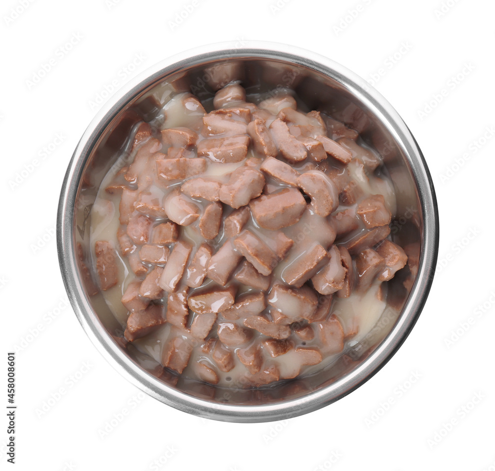 Wet pet food in feeding bowl isolated on white, top view Wet pet food in feeding bowl isolated on white, top view