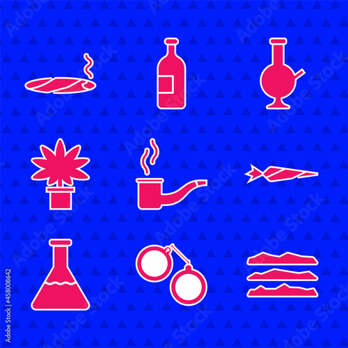 Set Smoking pipe, Handcuffs, Cocaine or heroin drug, Marijuana joint, Test tube flask, cannabis plant pot, Glass bong for smoking marijuana and Cigar with smoke icon. Vector