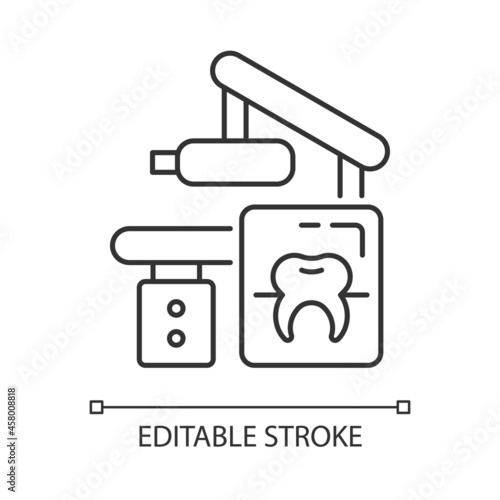 Dental x-ray equipment linear icon. Capturing patient mouth in one image. Radiographic procedure. Thin line customizable illustration. Contour symbol. Vector isolated outline drawing. Editable stroke