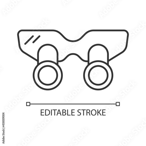 Dental loupes linear icon. Equipment for enlarging and examining teeth. Magnifying glasses. Thin line customizable illustration. Contour symbol. Vector isolated outline drawing. Editable stroke