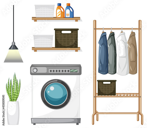 Laundry furniture set for interior design on white background