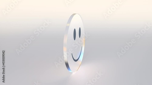 Sad and happy smileys on both sides of a spinning coin or token, conceptual looping 3d animation