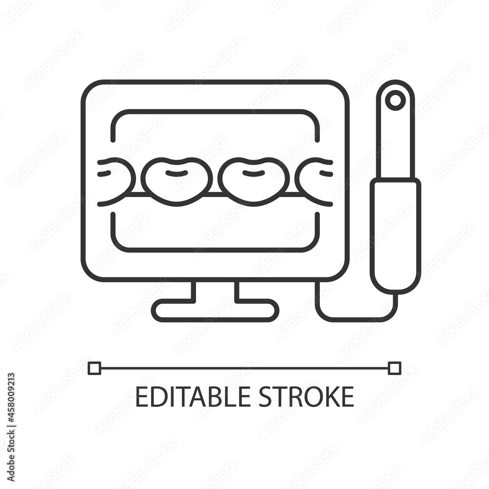 Intraoral camera linear icon. Oral health condition diagnosis. Capturing teeth video image. Thin line customizable illustration. Contour symbol. Vector isolated outline drawing. Editable stroke Intraoral camera linear icon. Oral health condition diagnosis. Capturing teeth video image. Thin line customizable illustration. Contour symbol. Vector isolated outline drawing. Editable stroke