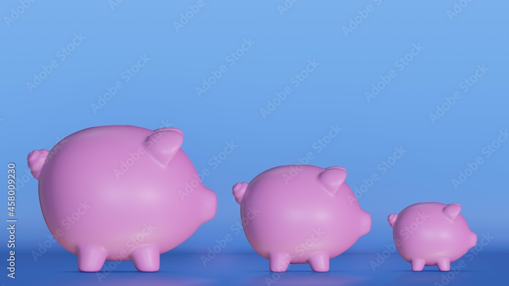 Sideview of piggy bank or piggybank family - financial growth or capital gain concept. Pink piggy banks on blue background. 3d rendered image. 
