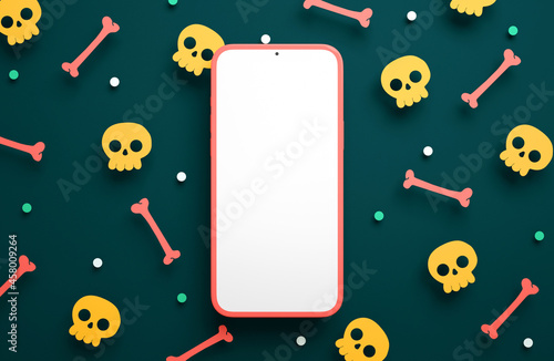 Happy Halloween phone mockup blank screen on a paper skulls and bones background in 3D rendering. Happy Halloween smartphone app template