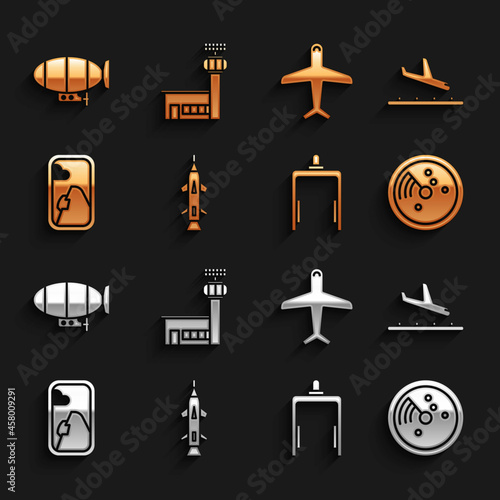 Set Rocket, Plane landing, Radar with targets on monitor, Metal detector airport, Airplane window, Airship and Airport control tower icon. Vector