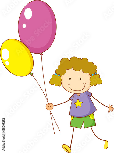 A doodle kid holding balloons cartoon character isolated
